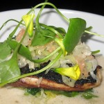 Wild striped bass with brown butter soy milk, verbena, pomelo and lettuce stems