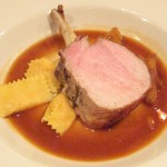 Mystery Basket winner: roasted rack of pork with roasted vegetable plin (pasta ravioli), onion and apple compote in natural jus