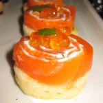 Ocean trout bilini with chive crème fraiche and trout roe