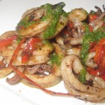Seared calamari and bell pepper salad with herbs and mint pesto