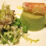 Dungeness crab & pancetta salad with English peas & spring garlic panna cotta