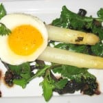Holland white asparagus with black trumpet mushrooms, Gloria's arugula, and sunny side up egg