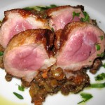 Magret de pato con lentejas: crispy duck breast, lentils with applewood smoke bacon & bilbao chorizo