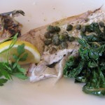 Lavraki Horta: sea bass with rainbow swiss chard, bloomsdale spinach, lemon, olive oil and sea salt