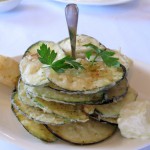 Milos special: lightly fried zucchini, eggplant, tzatziki and kefalograviera cheese