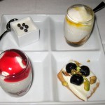 Desserts: chocolate pot de crème, mango sorbet, raspberry sorbet, dessert crostini
