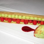 Fraises des bois millefeuille with avocado mousse and coriander sorbet