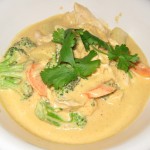 Panang curry with brown rice, potato, broccoli, ginger, carrot, mushroom and coconut broth