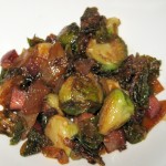 Fried Brussels sprouts with bacon and sweet and sour onions