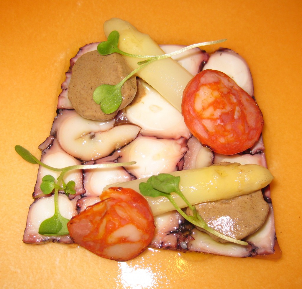 Octopus mosaic: squid ink noodle, tomato dashi, eggplant, white asparagus, chorizo
