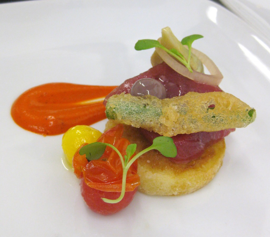 Tuna niçoise: haricot vert, smokey tomato, quail egg, olive gusher