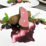 Venison neck and loin with coffee, huckleberry mustard, crispy shallot and forest herbs