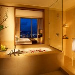 A guest bathroom at the Pan Pacific Hotel Seattle