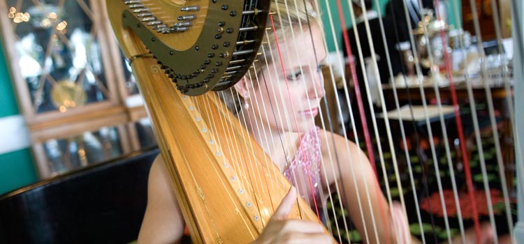 A harpist provides pleasant background music during afternoon tea