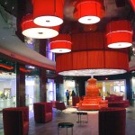 A seating area outside the shops at Revel