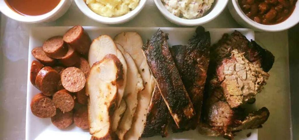 Smoked meats and sides from Angelo's Bar-B-Que in Fort Worth, Texas