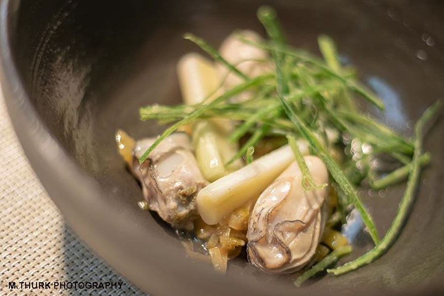 Frasca Food and Wine leeks, bluepool oysters & roasted chicken sabayon