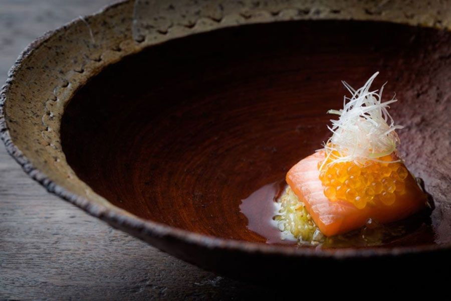 SingleThread wild salmon smoked in the ibushi-gin donabe (Photo by Eric Wolfinger)