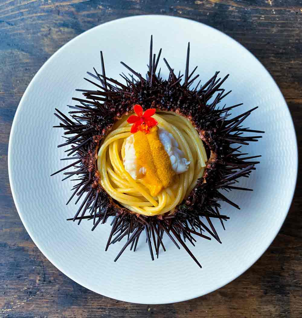 Live uni butter pasta, crab and caviar by chef Barbara Pollastrini