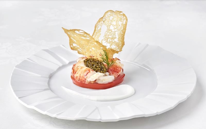 The Inn at Little Washington: Medallions of chilled lobster with imperial osetra caviar on a raft of garden tomato with horseradish cream