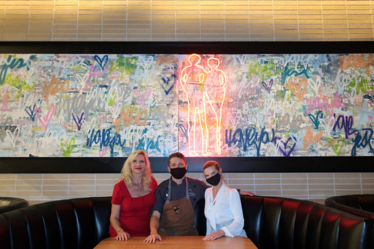 Sous chef Samuel Mumford, Guest Service Manager Emilee Strong with Sophie Gayot