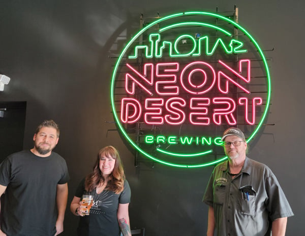 Neon Desert Brewing Assistant Brewer Cisco Talley, Director of Operations Katie Cruz and Founder Head Brewer Jimmy Doyle